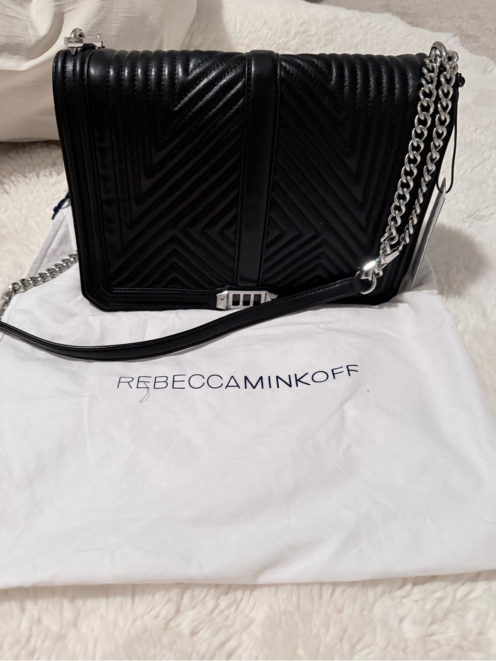 Rebecca Minkoff Black Quilted Leather Crossbody with Silver Chain
